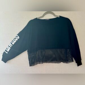 Sans Souci Black Cropped Mesh Hem Sweatshirt California Sleeve Graphic